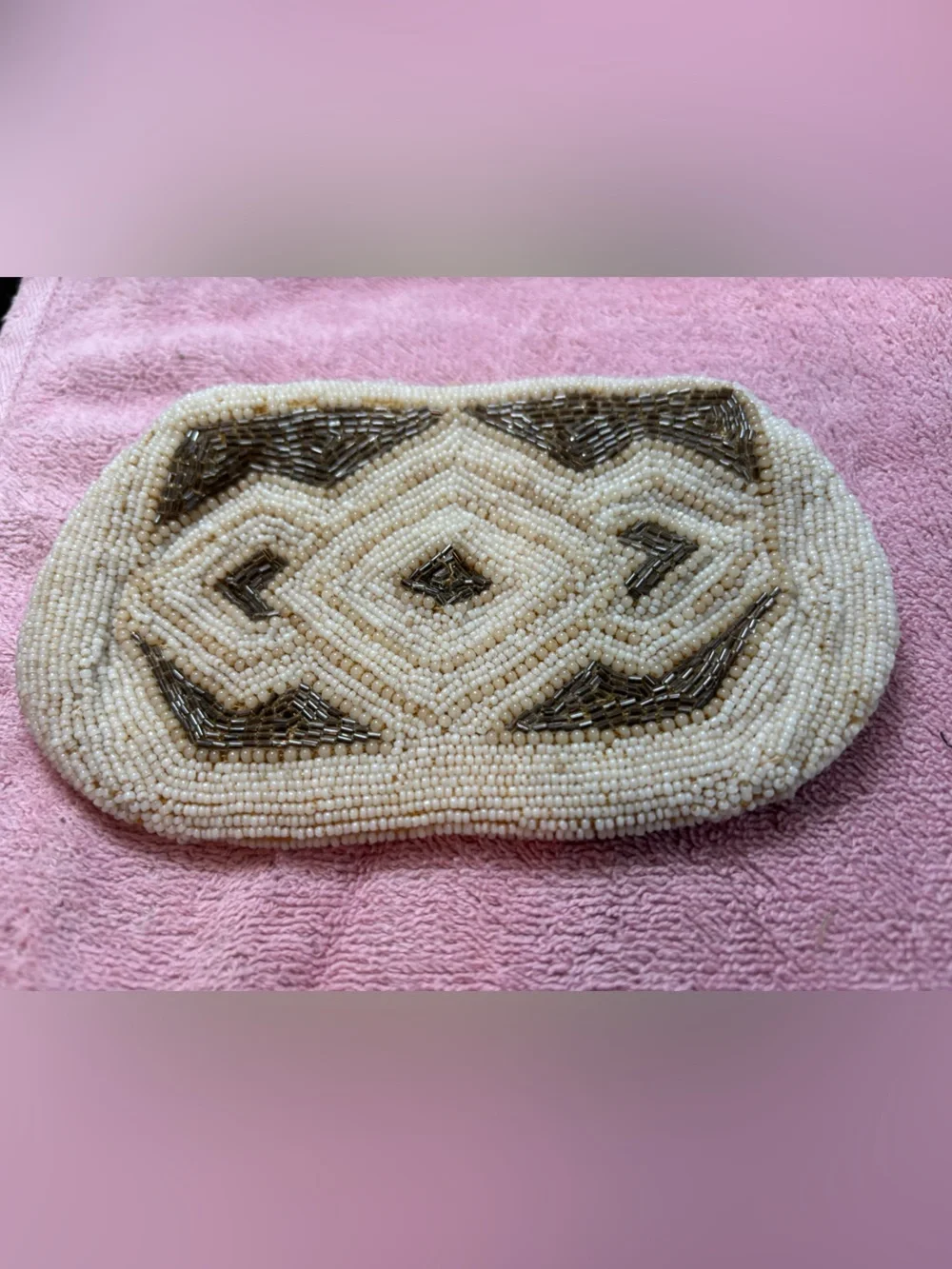 RARE Vintage 1930s Art Deco Micro Beaded Coin Purse Talon Zipper Cream Silver